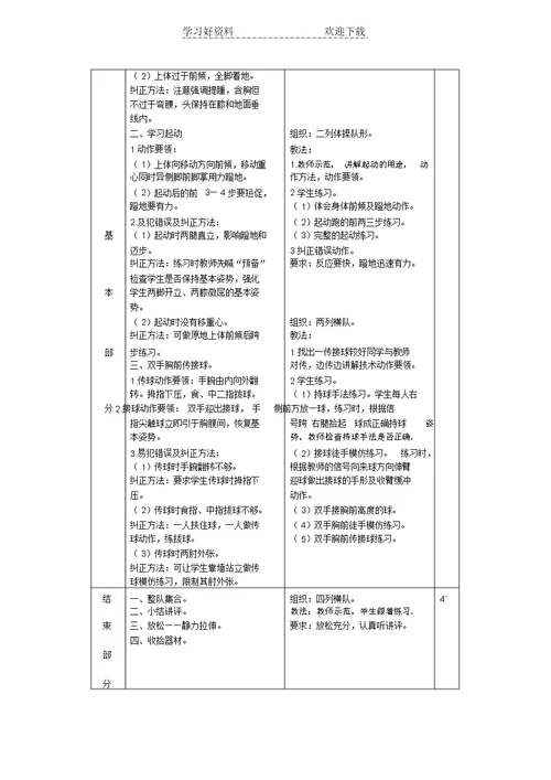 初中体育《双手胸前传接球》示范教案