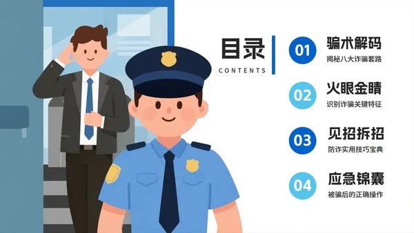 蓝色渐变卡通插画风反诈防诈主题宣传PPT模板