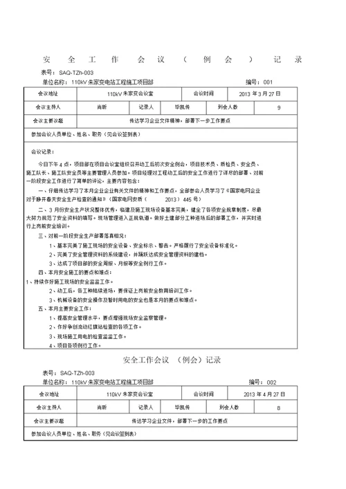 安全工作会议例会记录