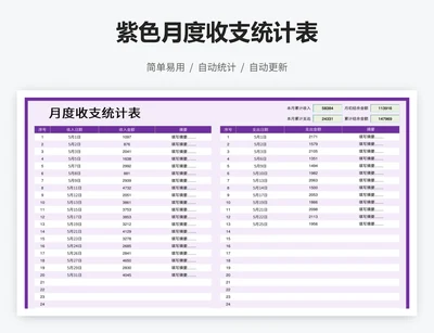 紫色月度收支统计表