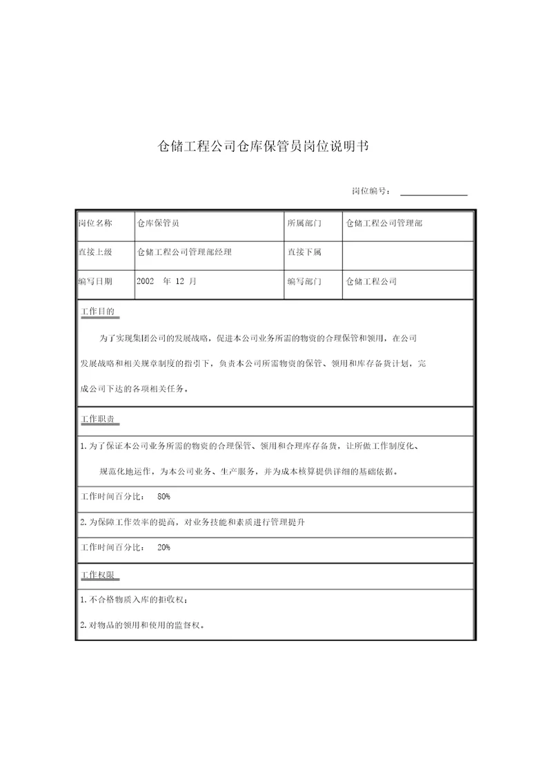 仓储工程公司仓库保管员岗位说明书