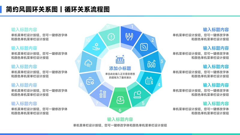 蓝色简约风11项圆环关系图PPT