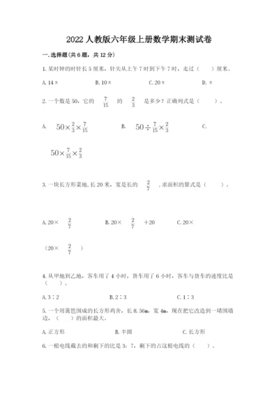 2022人教版六年级上册数学期末测试卷及完整答案（夺冠系列）.docx