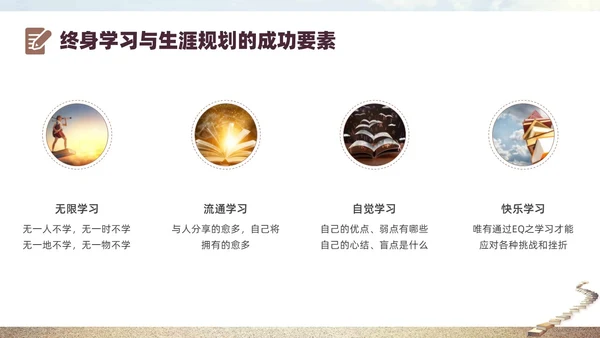灰色实拍书籍阶梯终身学习PPT课件自我管理