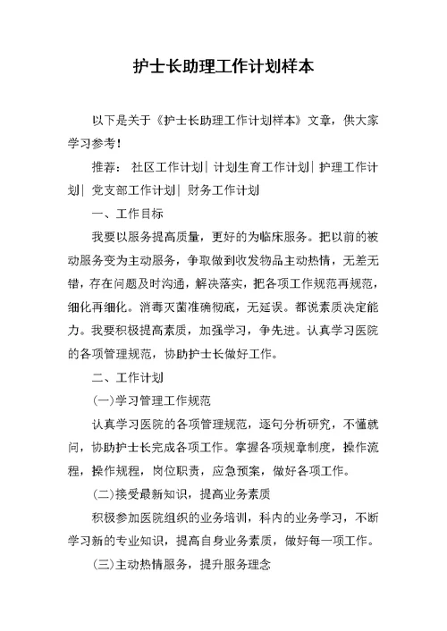 护士长助理工作计划样本