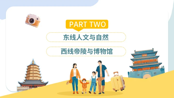 蓝黄色插画风国庆七日游PPT模板