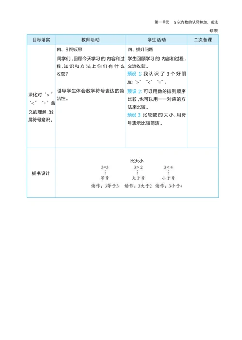 1.2 比大小 大单元整体教学设计(表格式）人教版（2024）数学一年级上册