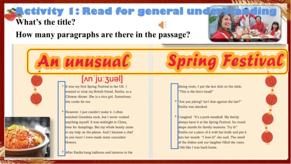 【优质阅读公开课课件】Unit 4 Time to celebrate Understanding 