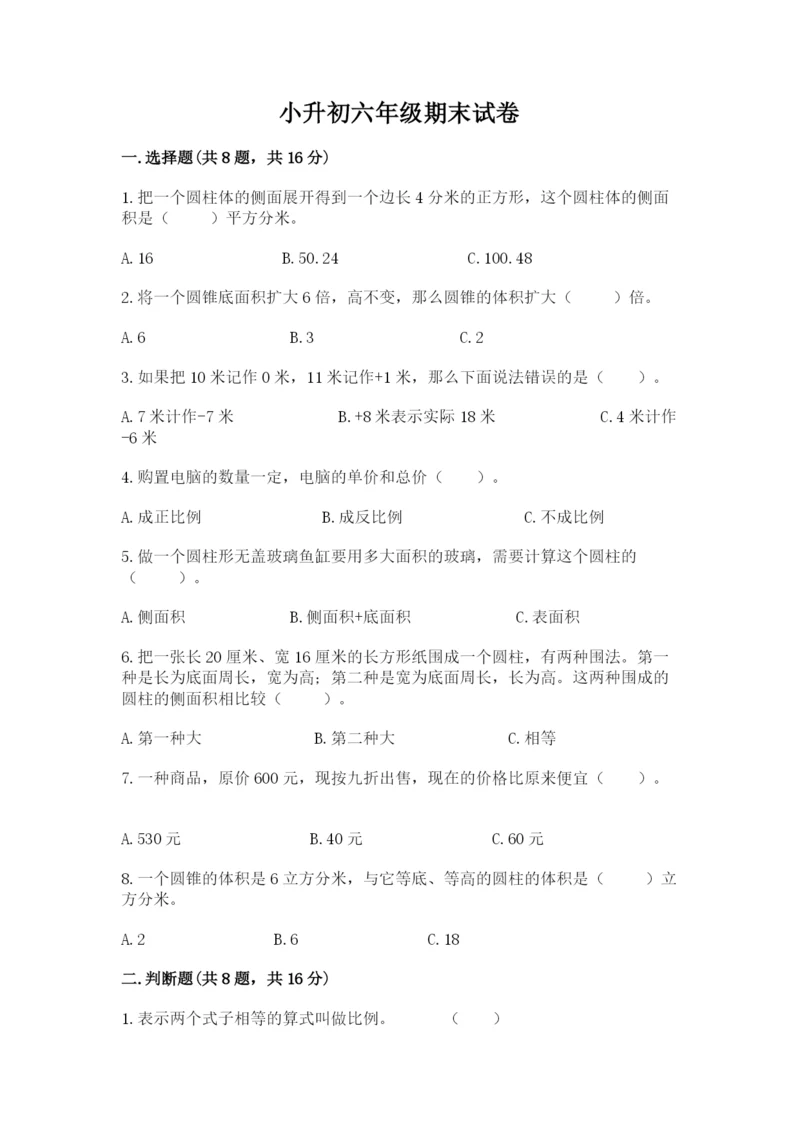 小升初六年级期末试卷精品【名师推荐】.docx