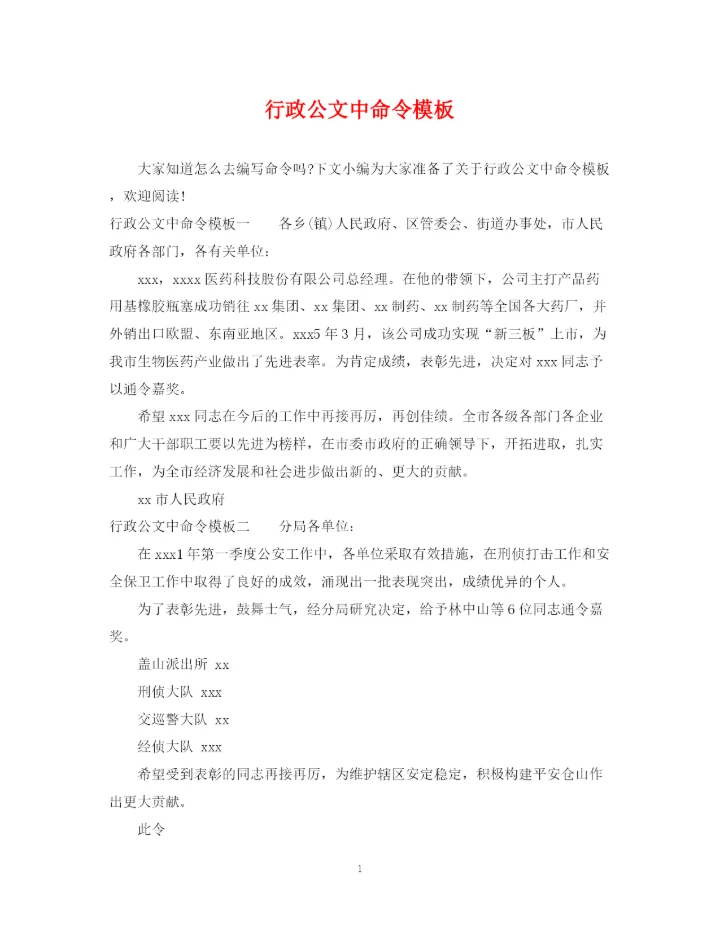 2023年行政公文中命令模板.docx