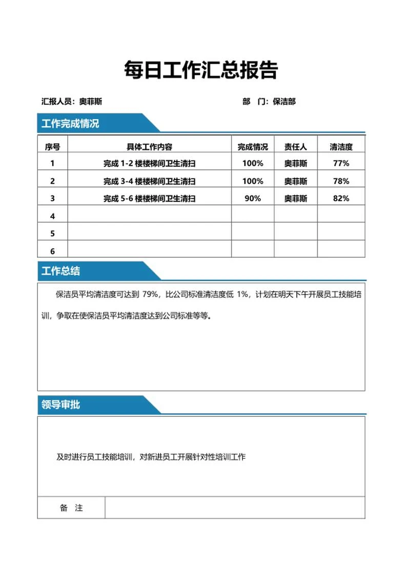 蓝色标签保洁工作汇总报告word模板