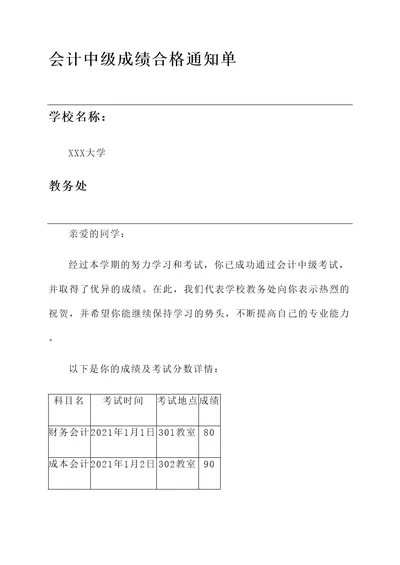 会计中级成绩合格通知单