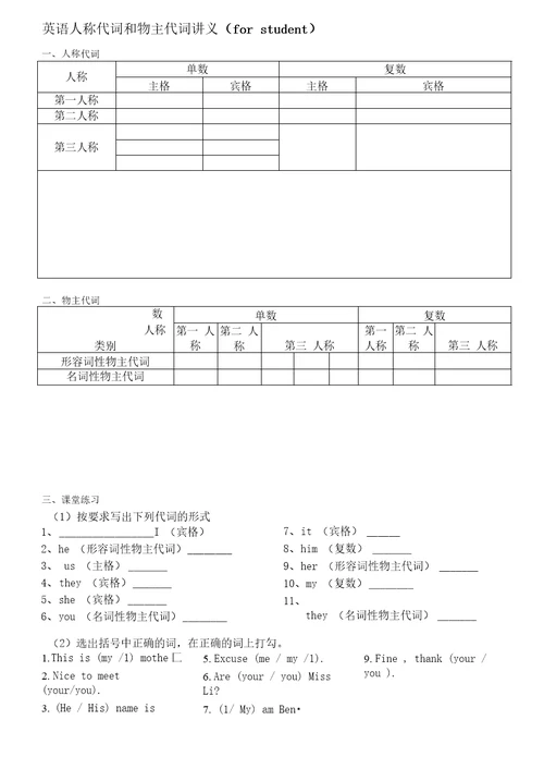 小学英语人称代词和物主代词的用法