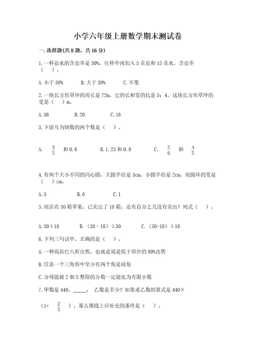 小学六年级上册数学期末测试卷含完整答案（易错题）