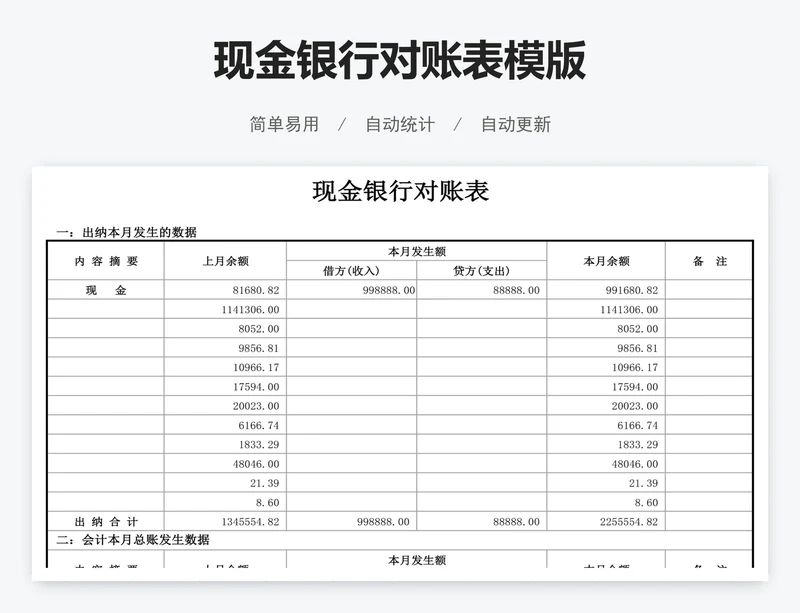 现金银行对账表模版