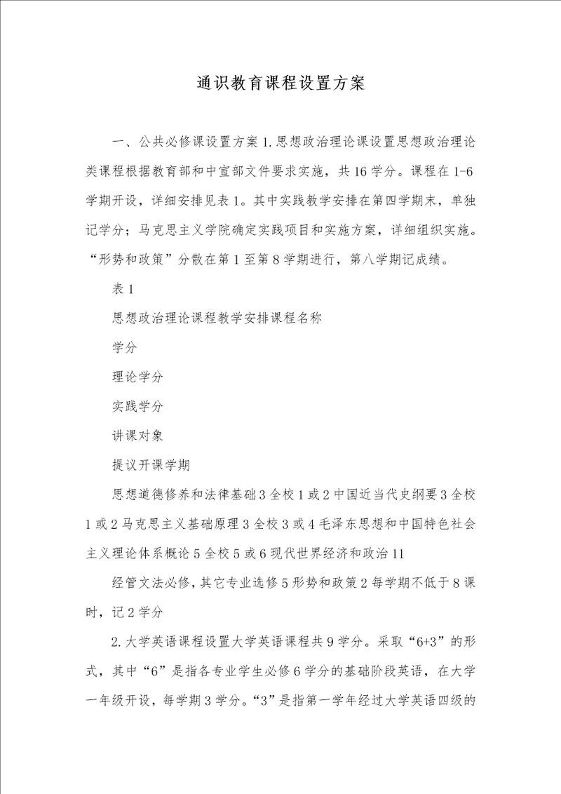 2021年通识教育课程设置方案