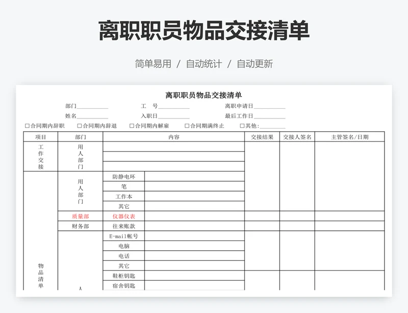 离职职员物品交接清单