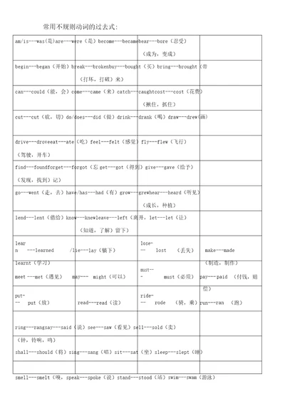 小学生常用不规则动词过去式