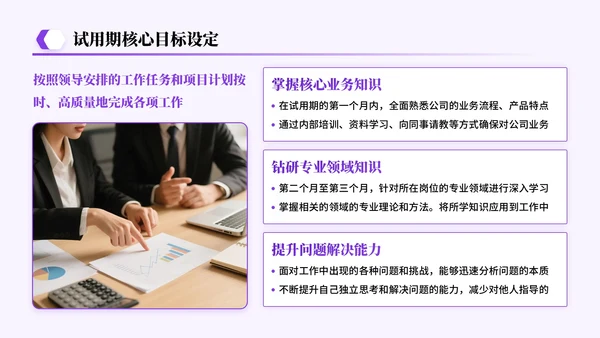 紫色系简约风关于试用期总结工作成果展望答辩PPT模板