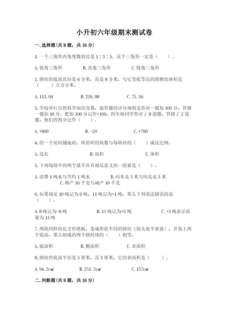 小升初六年级期末测试卷带答案（培优a卷）.docx
