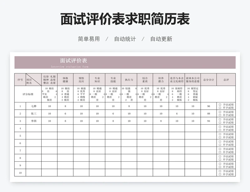 面试评价表求职简历表