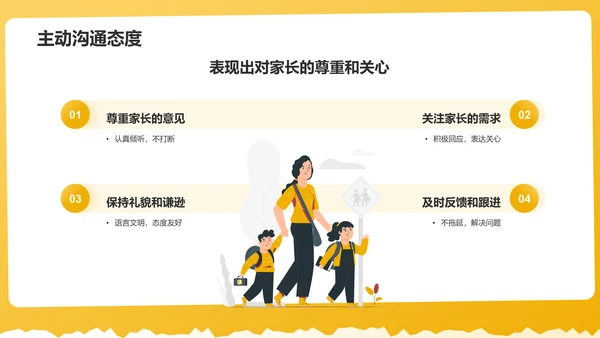 黄色插画风幼儿园与家长沟通技巧培训PPT模板