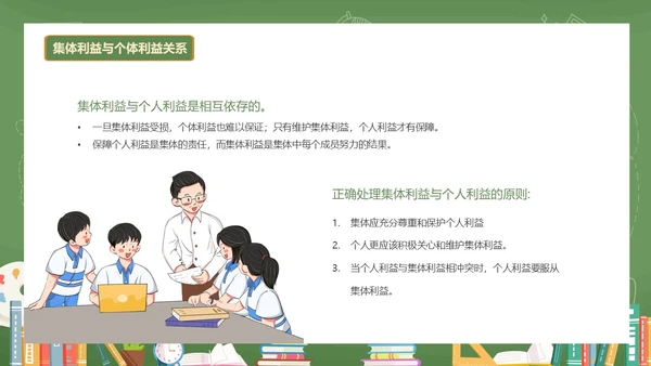 绿色黑板风卡通插画承担关爱集体的责任动态PPT