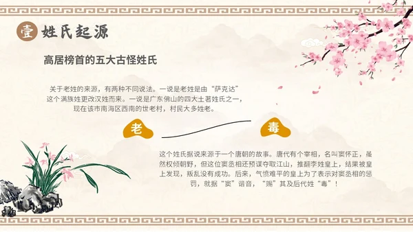 中国风山水背景复古配色百家姓科普PPT课件中国传统文化