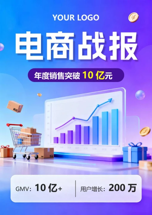 蓝紫色渐变拟态风电商战报海报