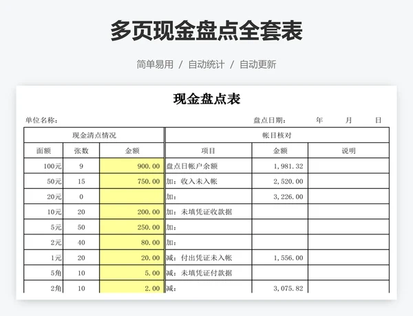 多页现金盘点全套表