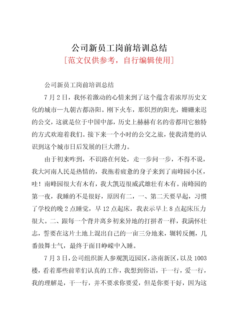 公司新员工岗前培训总结共3页