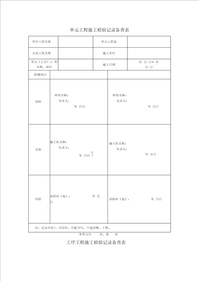 单元工程施工检验记录备查表