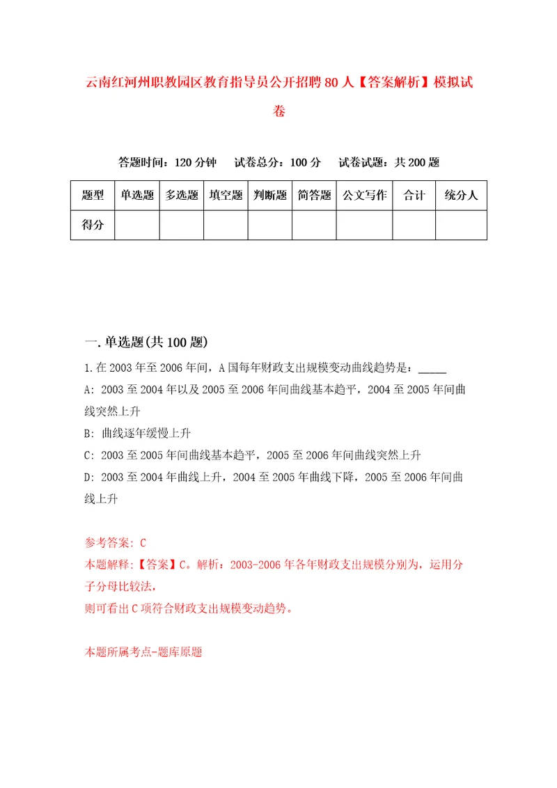 云南红河州职教园区教育指导员公开招聘80人答案解析模拟试卷8