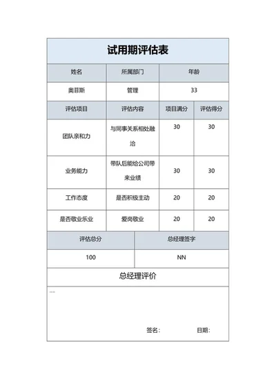 企业员工试用期评估表word模板