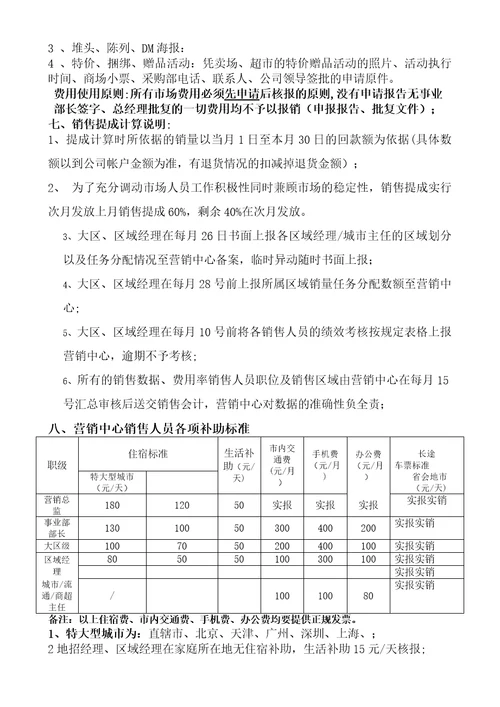 食品有限公司营销中心薪酬方案