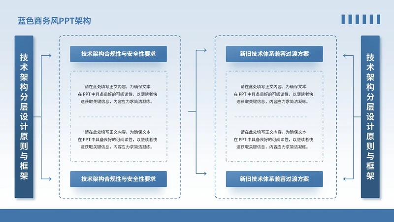 蓝色商务风4项架构图PPT单页