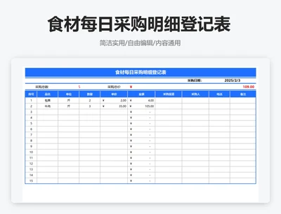 简约蓝色食材每日采购明细登记表