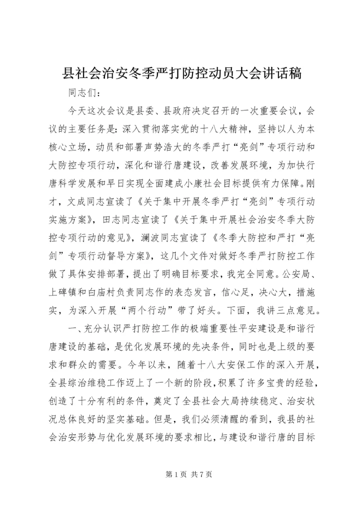 县社会治安冬季严打防控动员大会讲话稿.docx