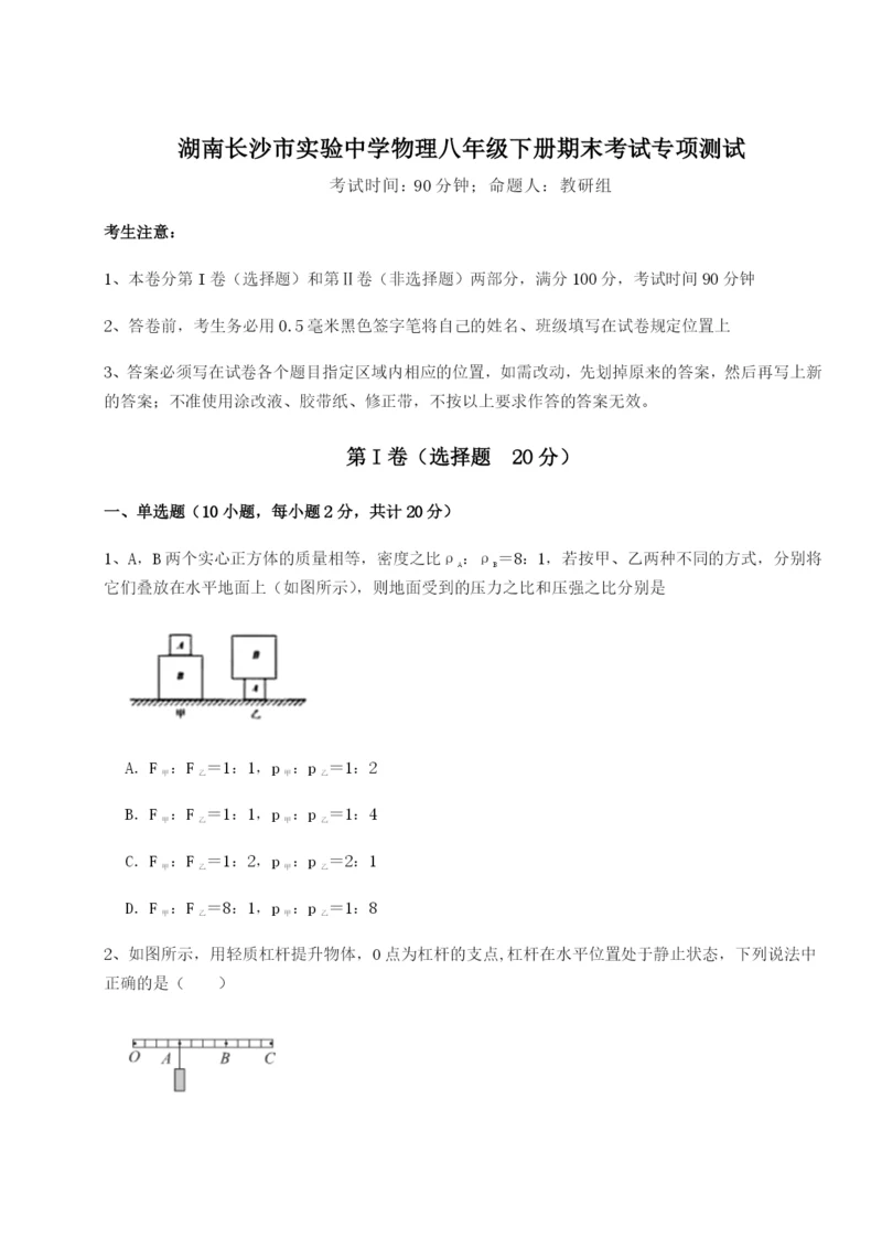 湖南长沙市实验中学物理八年级下册期末考试专项测试试卷（含答案详解）.docx