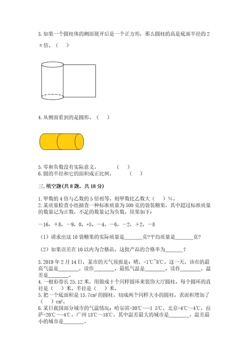 石家庄市元氏县六年级下册数学期末测试卷完整