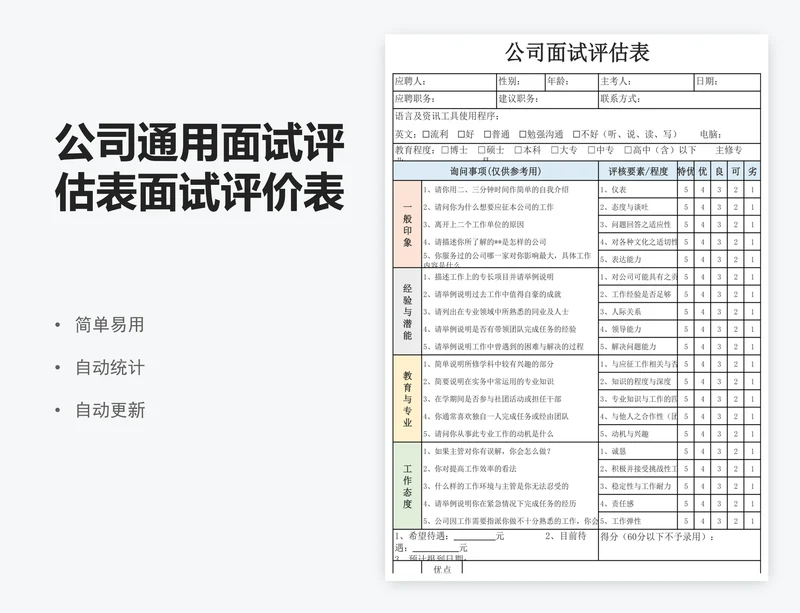 公司通用面试评估表面试评价表excel表格