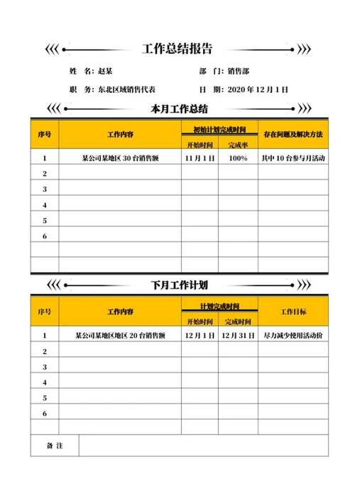 黄色销售部工作总结报告word模板