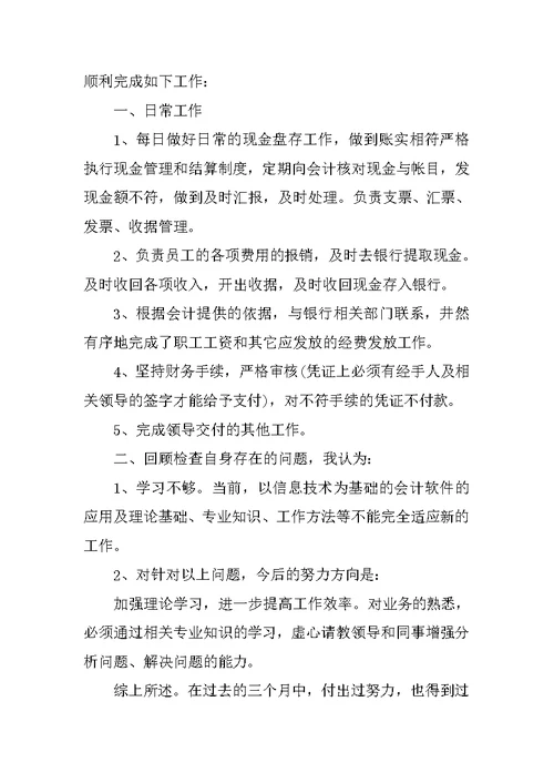 XX出纳实习转正工作总结