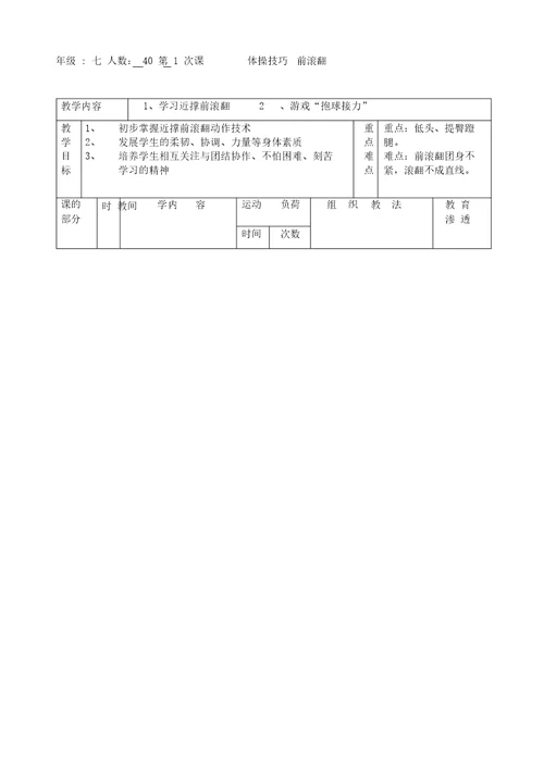 初中体育前滚翻教案