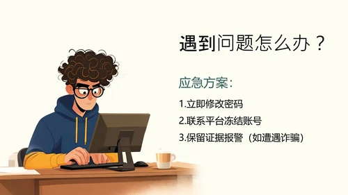 黄蓝色简约卡通插画网络安全指南PPT模板