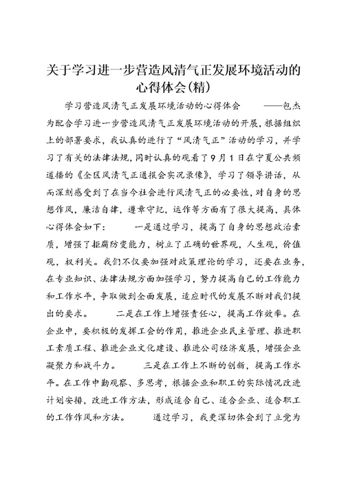 关于学习进一步营造风清气正发展环境活动的心得体会(精) (2)