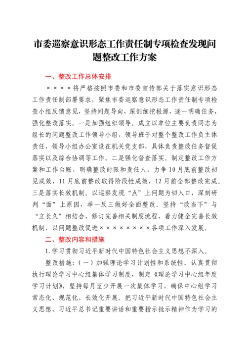 市委巡察意识形态工作责任制专项检查发现问题整改工作方案.docx