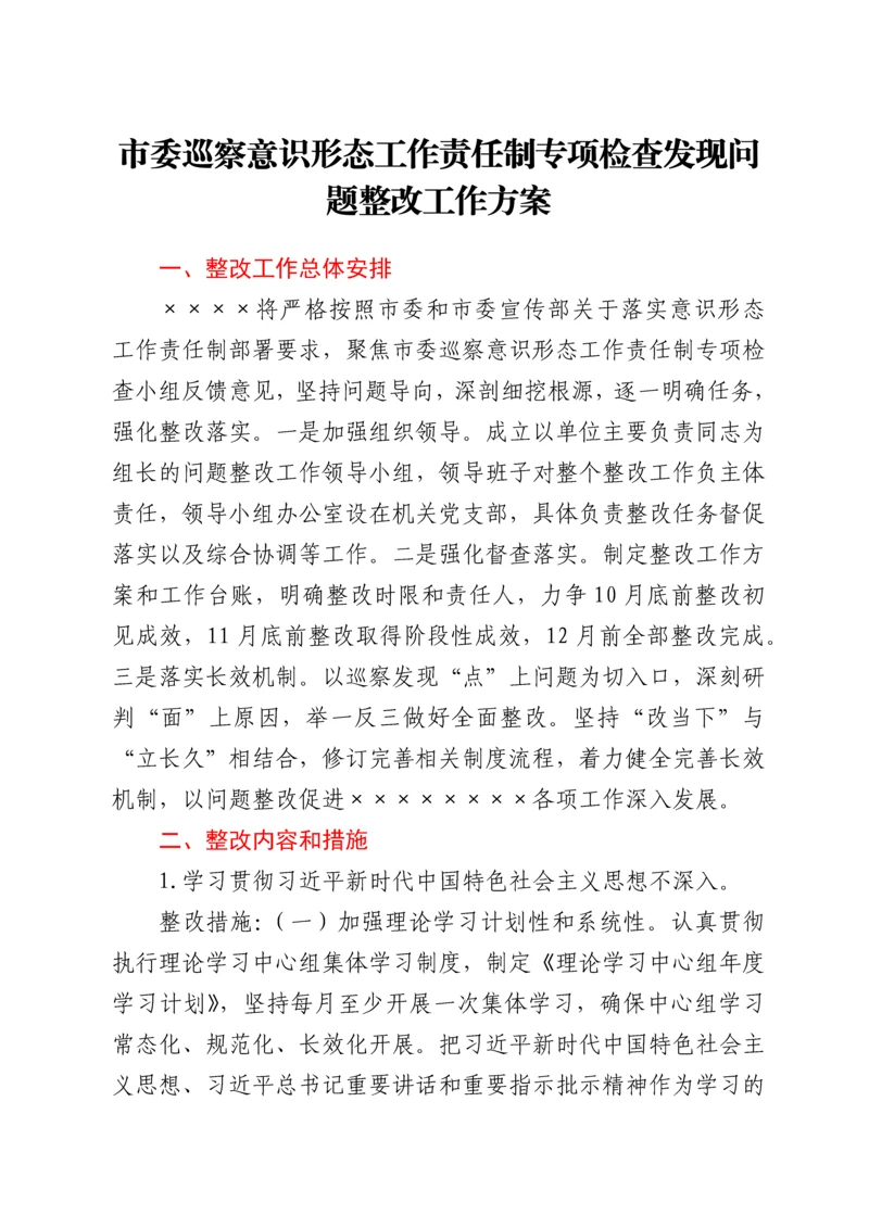 市委巡察意识形态工作责任制专项检查发现问题整改工作方案.docx