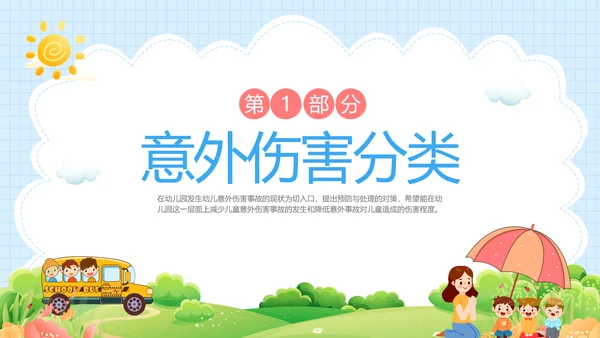 蓝色卡通儿童幼儿园意外伤害防范与处理主题班会PPTzi