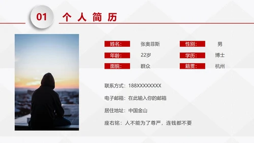 红色商务微粒体企业岗位竞聘个人介绍PPT模板